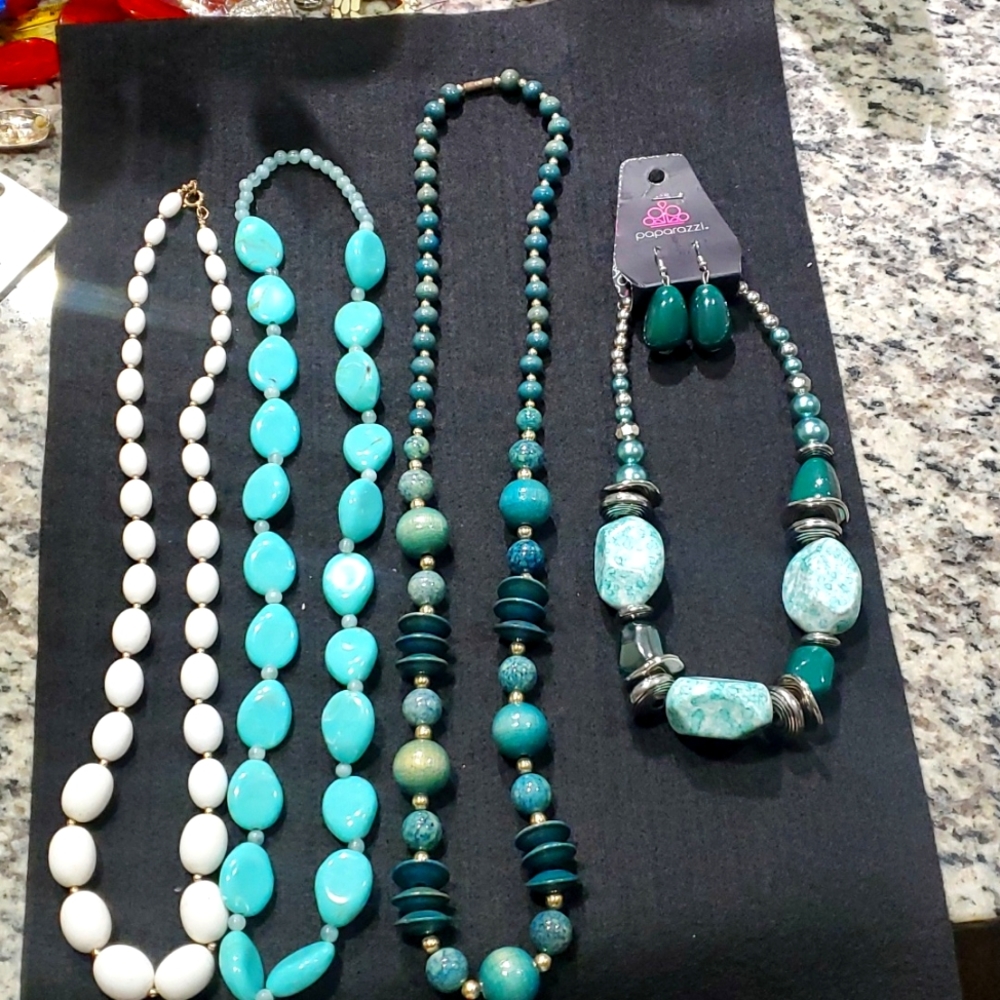 4 Piece White, Turquoise, Blue/Green Beaded necklace Lot